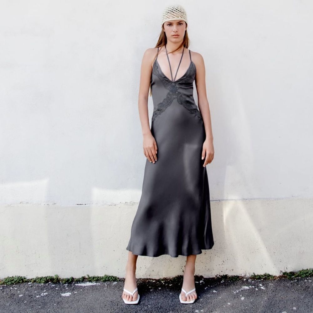 Zara embroidered midi slip dress